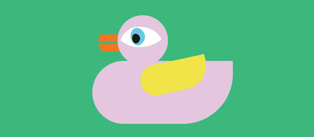 Illustration of a pink rubber duck on a plain green background