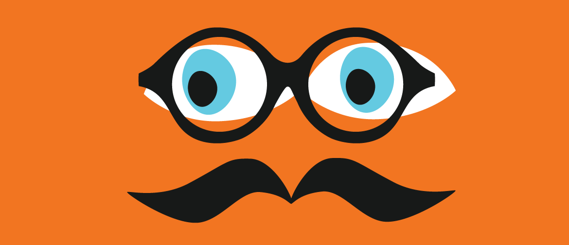 Abstract illustration of a face with glasses and moustache on an orange background