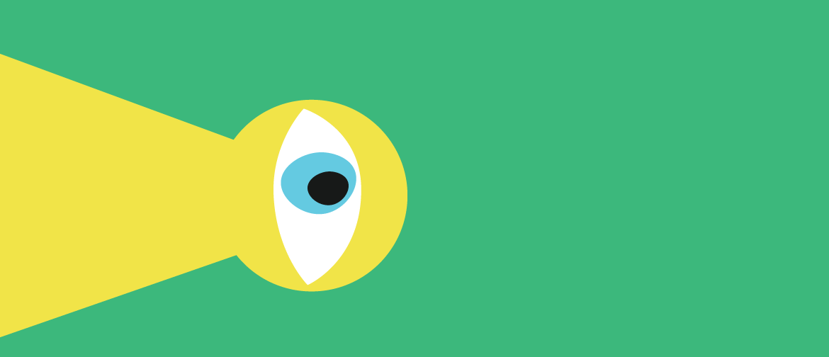 Abstract illustration of a yellow keyhole with an eye on a plain green background