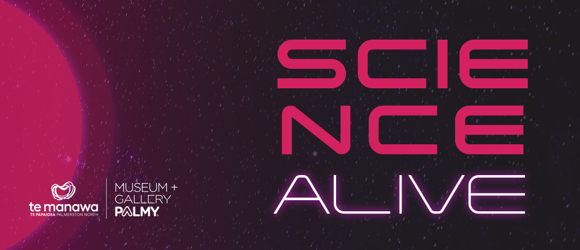 pink and purple advertising banner for an event called Science Alive