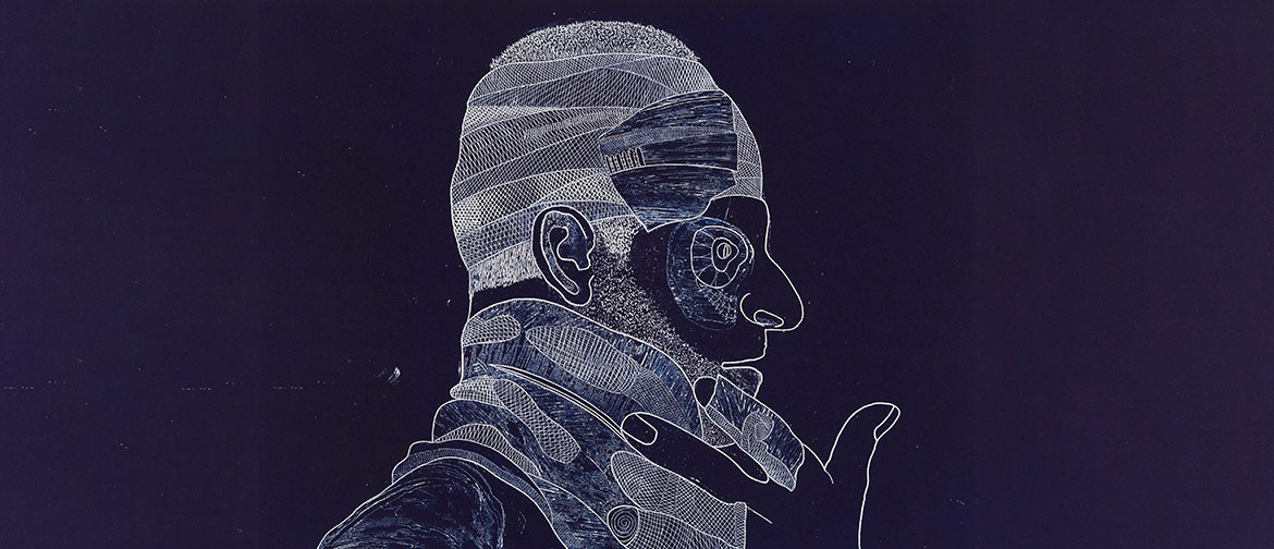 Etched artwork of a wounded soldier's profile on a dark blue background