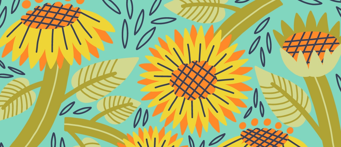 bright illustration of sunflowers on a blue background