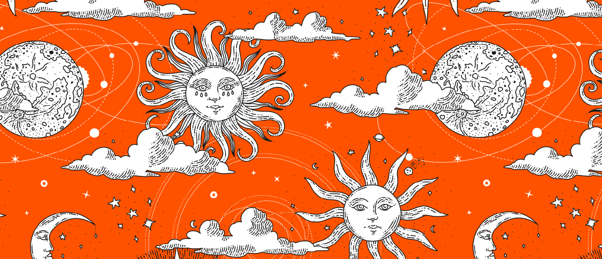 illustrated pattern of smiling suns, clouds and moons on an orange background