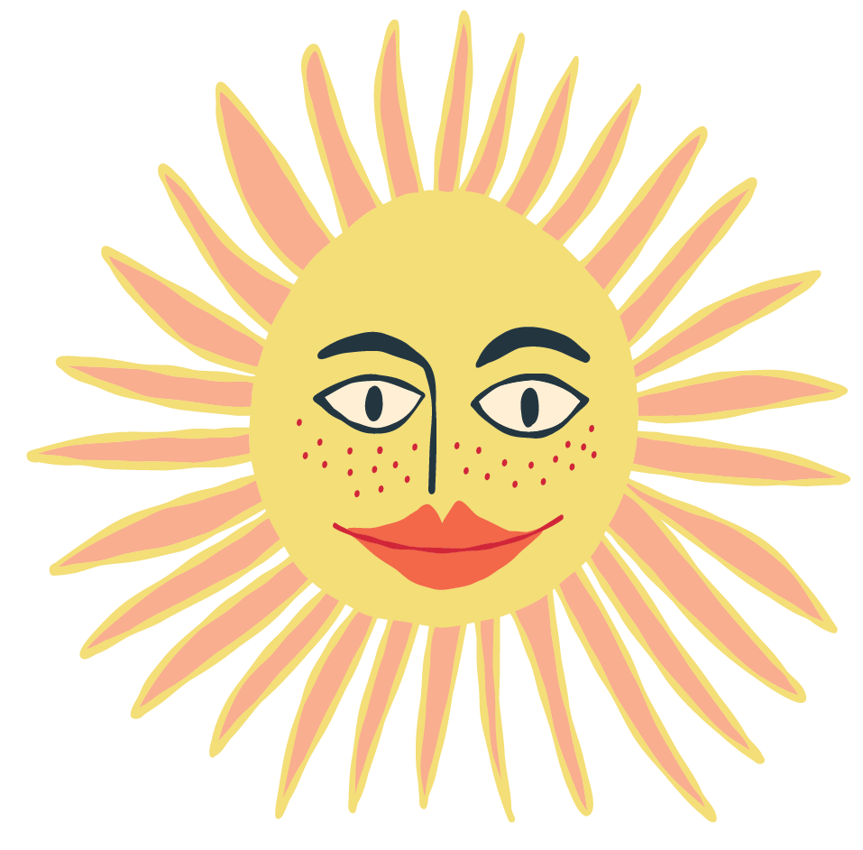 yellow and pink illustration of a smiling sun with red lips and freckles