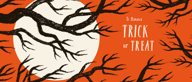 Illustration of a spooky orange sky with moon, bats and trees to advertise a Halloween event called Trick or Treat