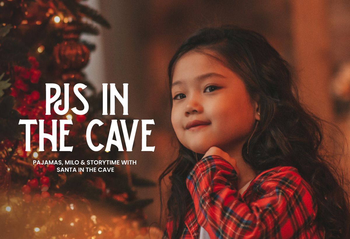 marketing image showing a little girl in christmas pyjamas overlaid with an event title, PJS in the Cave